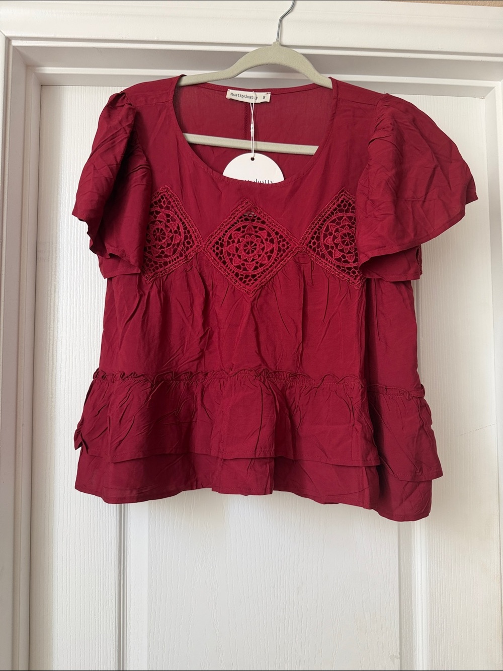 Anthropologie Crimson Crochet-Tier Flutter Sleeve Blouse